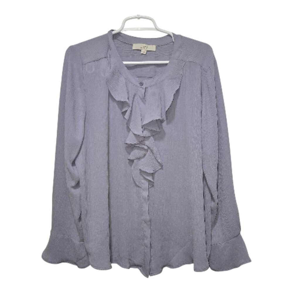 LOFT Gray Ruffle Front Button Blouse Long Sleeve … - image 1